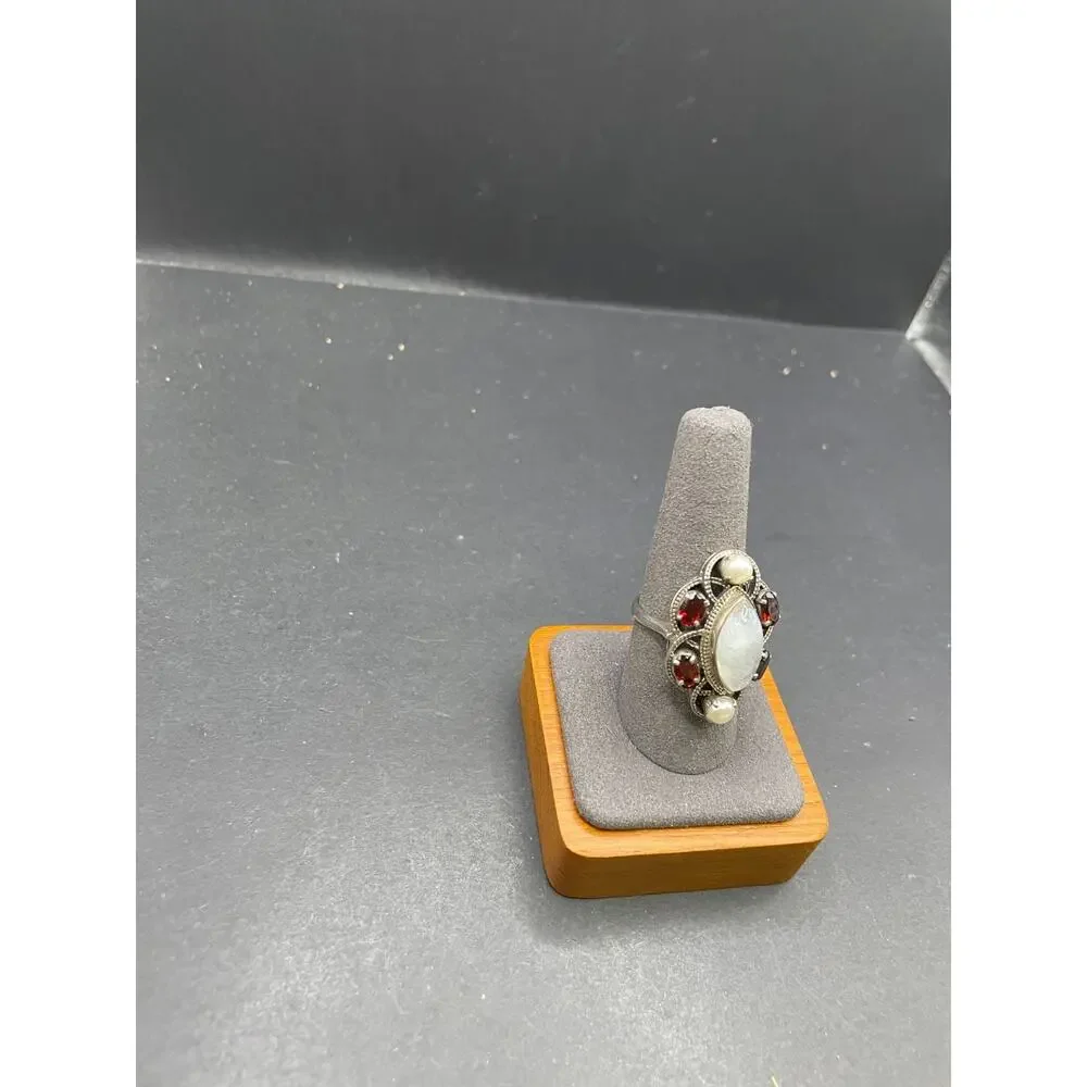 Vtg Nicky Butler Moonstone Garnet Sterling Silver 925 Bead Open Work Size 9 Ring